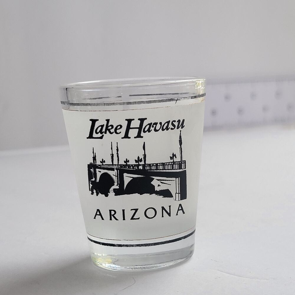Lake Havasu Arizona Shot Glass White Frosted Scenic Bridge Souvenir Barware